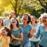gens qui rit en séance de yoga du rire extérieur. Les Crocus Blancs yoga du rire